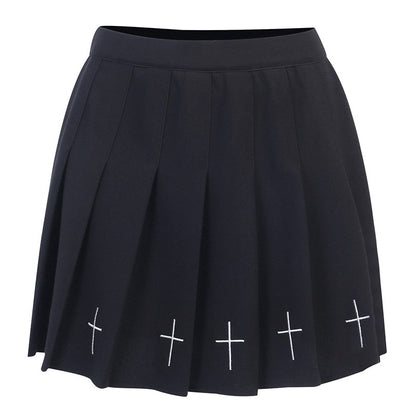 Hot High Waist Mini Skirt Black Streetwear Cross Print Pleated Women Skirt