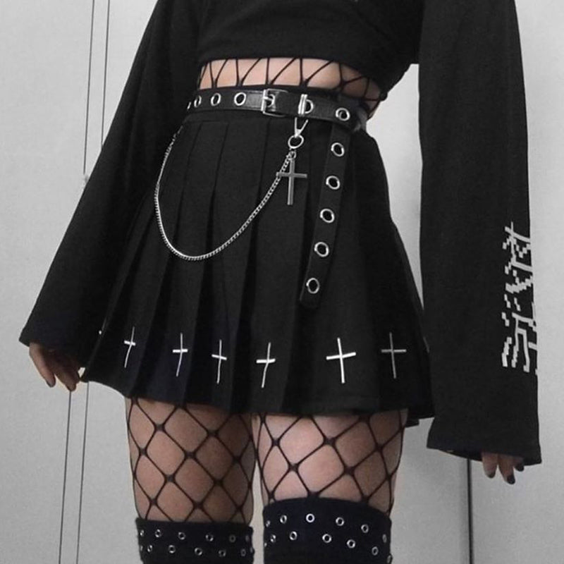 Hot High Waist Mini Skirt Black Streetwear Cross Print Pleated Women Skirt