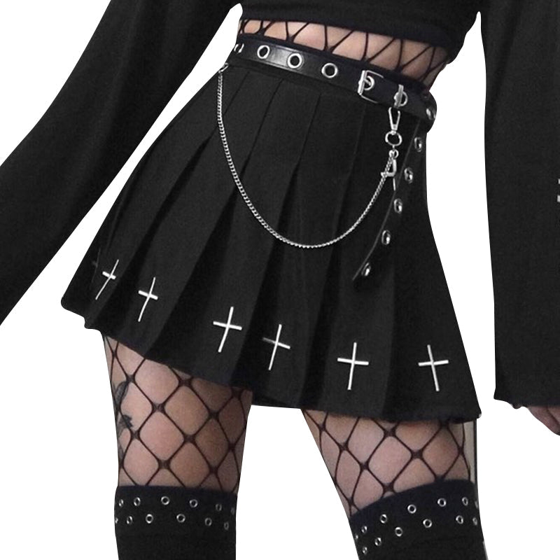 Hot High Waist Mini Skirt Black Streetwear Cross Print Pleated Women Skirt